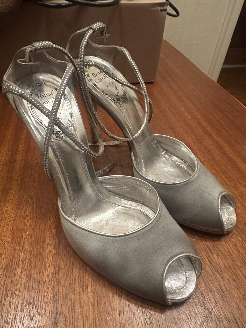 René Caovilla Silver Satin Crystal Embellished Peep Toe Heels EU 38.5